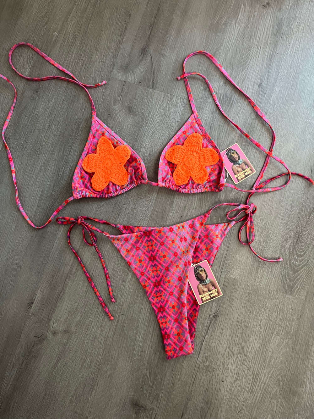 Strawberry Milk Mob Pink Swim Bikini with Orange Crochet Flowers